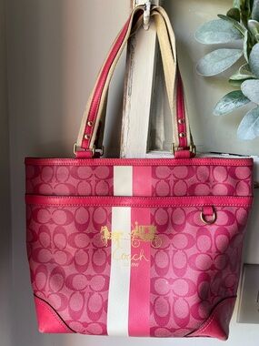 Coach Pink Signature Stripe Tote Bag